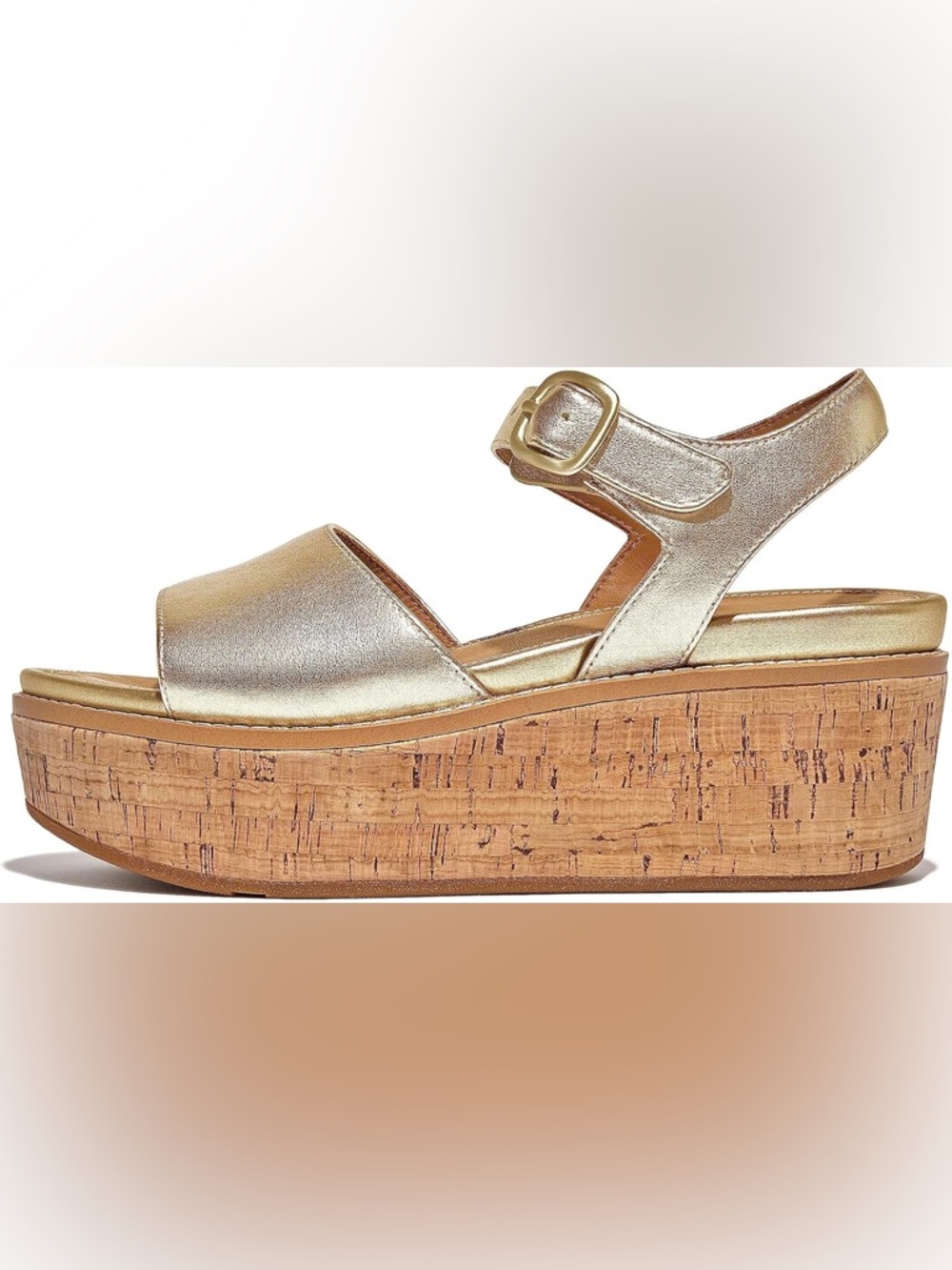 Fitflop Metallic Gold Cork Platform Sandal with Buckle Strap size 10